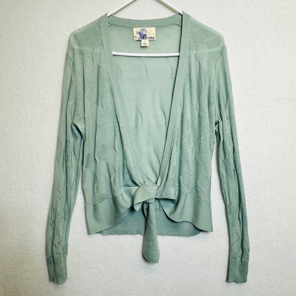 Title Nine Cardigan Sweater Women L Green 100% Washable Wool Tie Front Textured